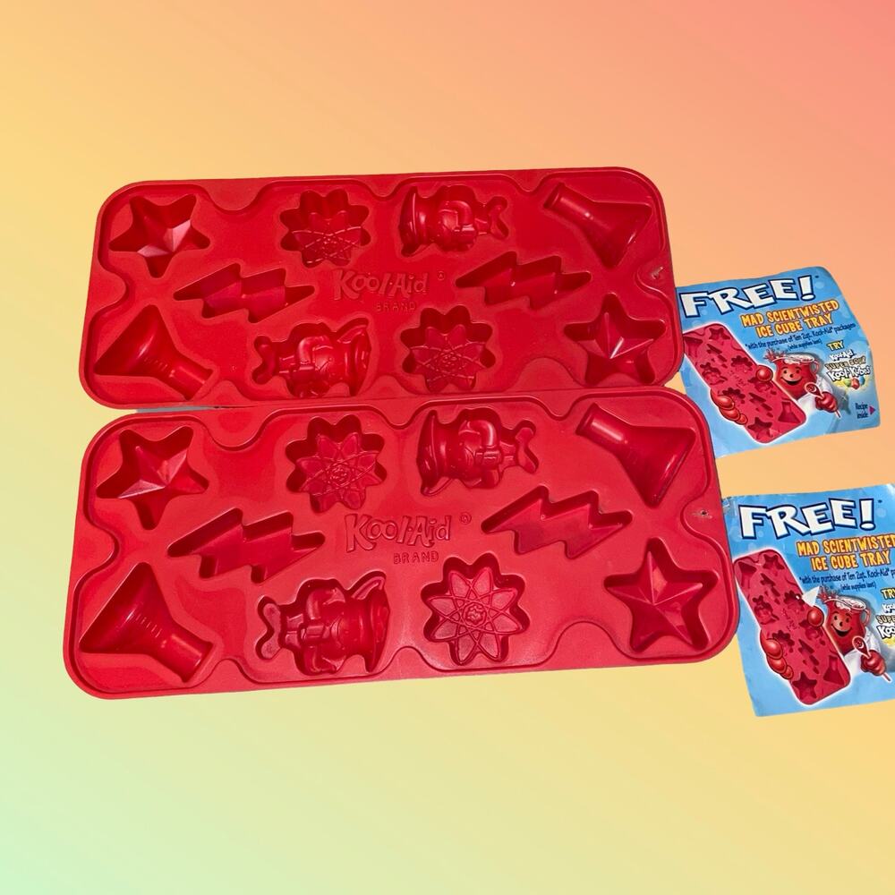 Kool-Aid Man Mad Scientwisted Red Plastic Ice Cube Tray Science Lab Shapes Lot 2
